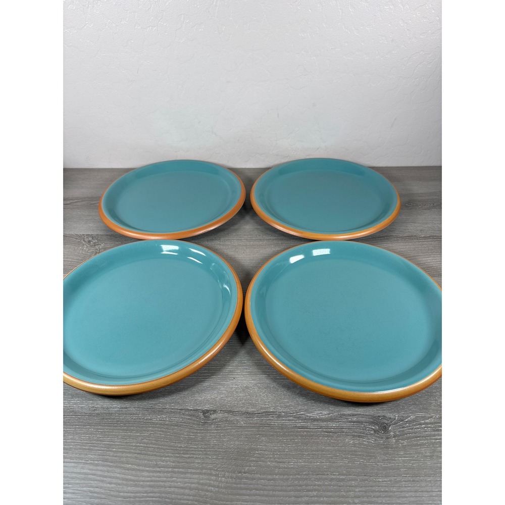 Crown Corning Japan Turquoise Teal Terracotta Rim Dinner Plates Set of 4 10.5"